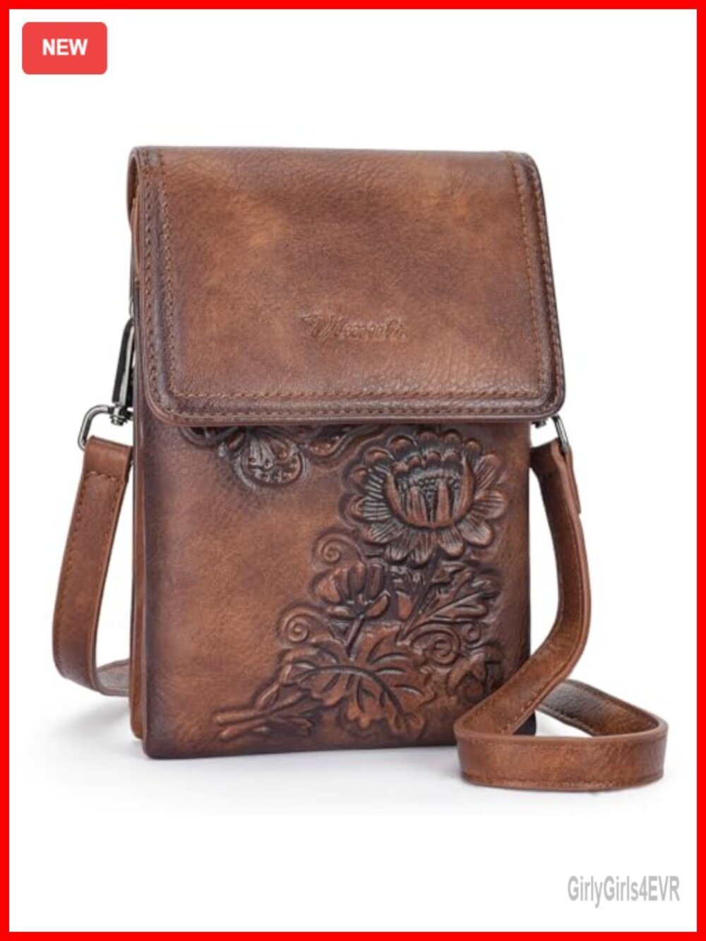Small Vegan Leather Crossbody Bag with Embossed Flower Design and Phone Pocket